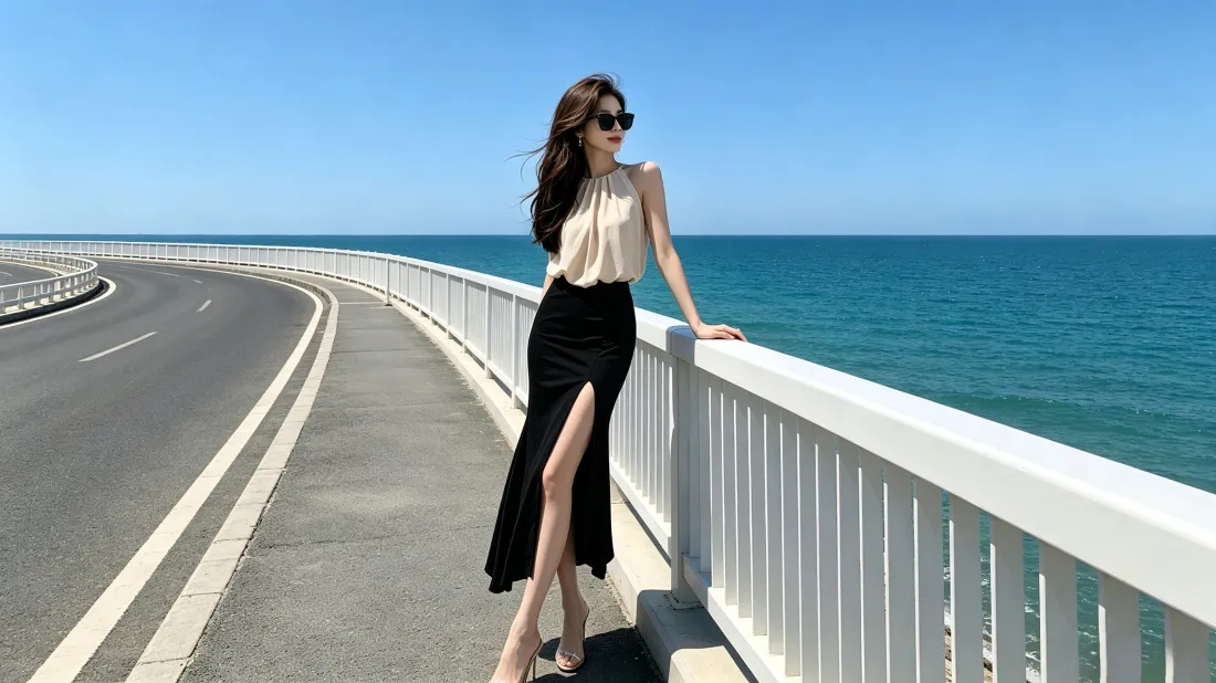 3k气质美女壁纸｜沿海公路大海背景图片 - 夏日穿搭「哲风壁纸」