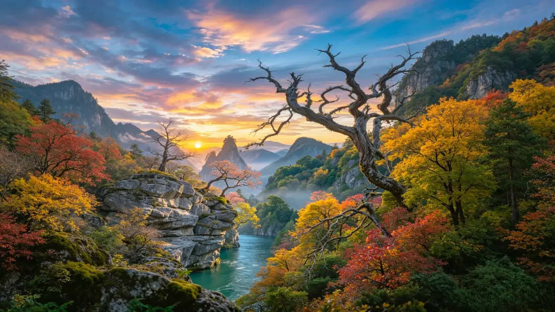 3k秋日山谷壁纸｜山川河流峭壁背景图片 - 彩林日出晨雾风光「哲风壁纸」