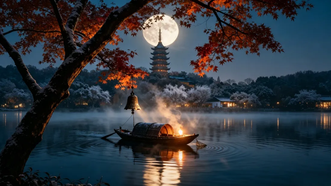 3k月夜湖景壁纸｜红叶古塔渔船背景图片 - 国风治愈风景「哲风壁纸」