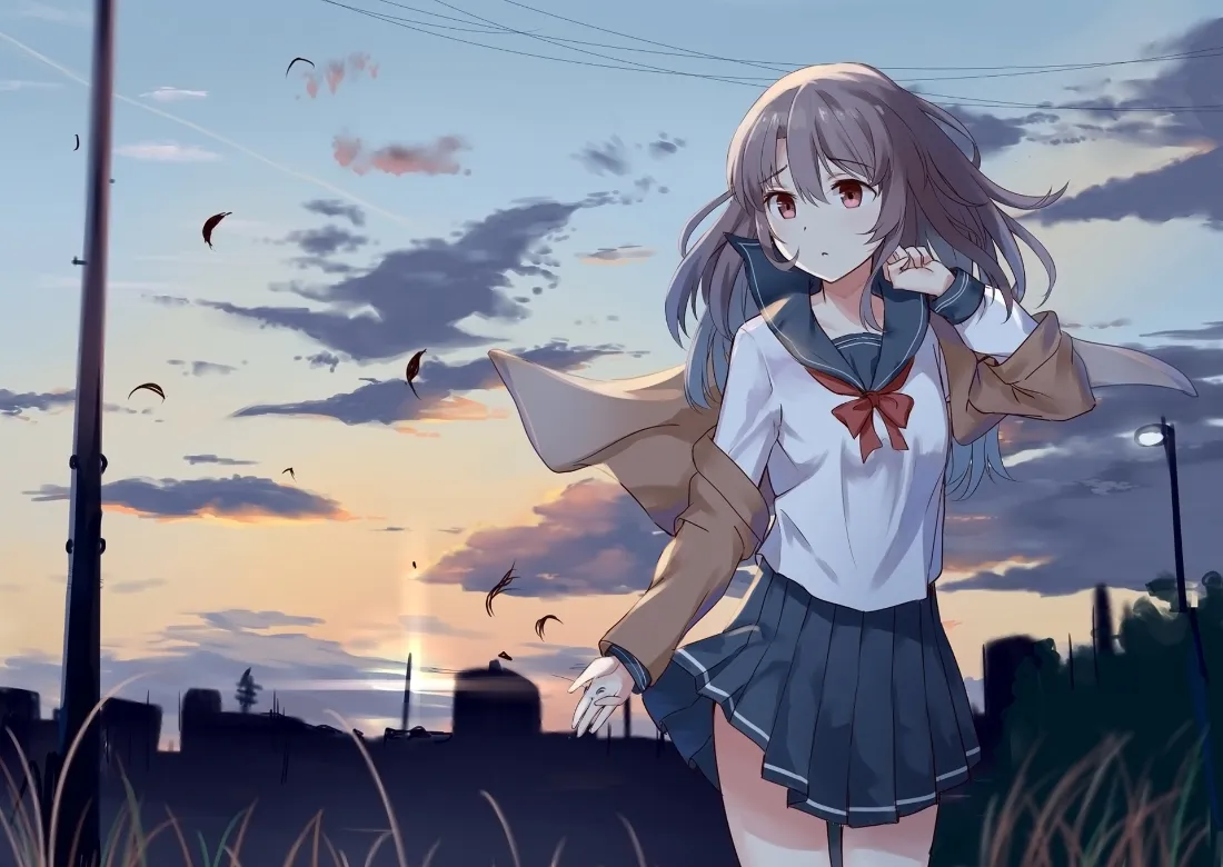 2k二次元JK少女壁纸｜黄昏城市背景图片 - 日系动漫插画「哲风壁纸」