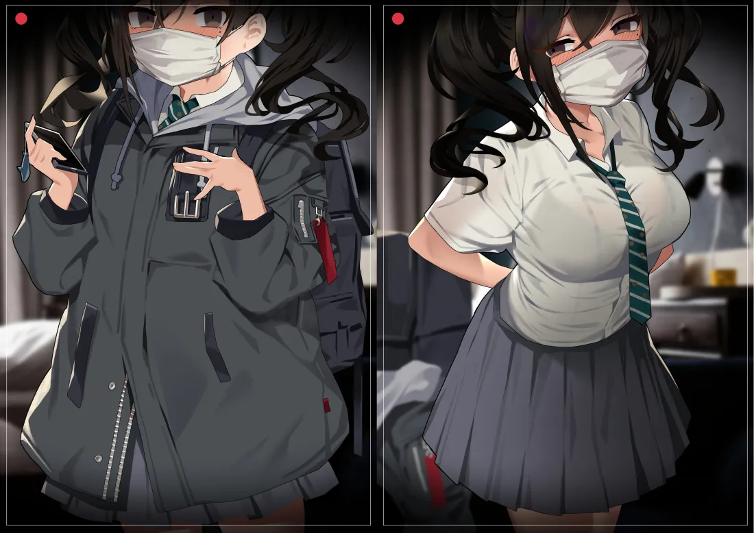 5k戴口罩双马尾少女壁纸｜JK校服背景图片 - 二次元插画「哲风壁纸」