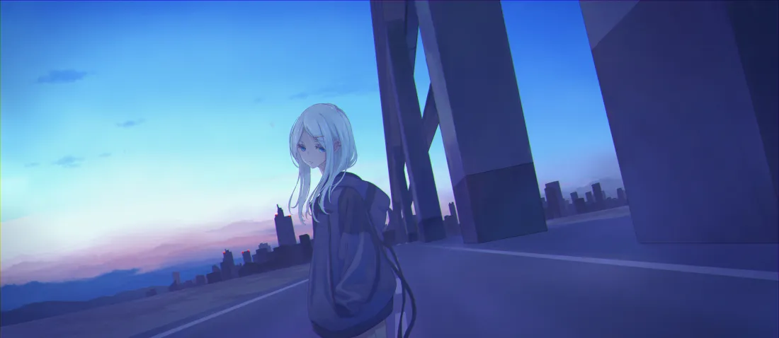 5k白发少女壁纸｜黄昏公路背景图片 - 二次元动漫插画「哲风壁纸」