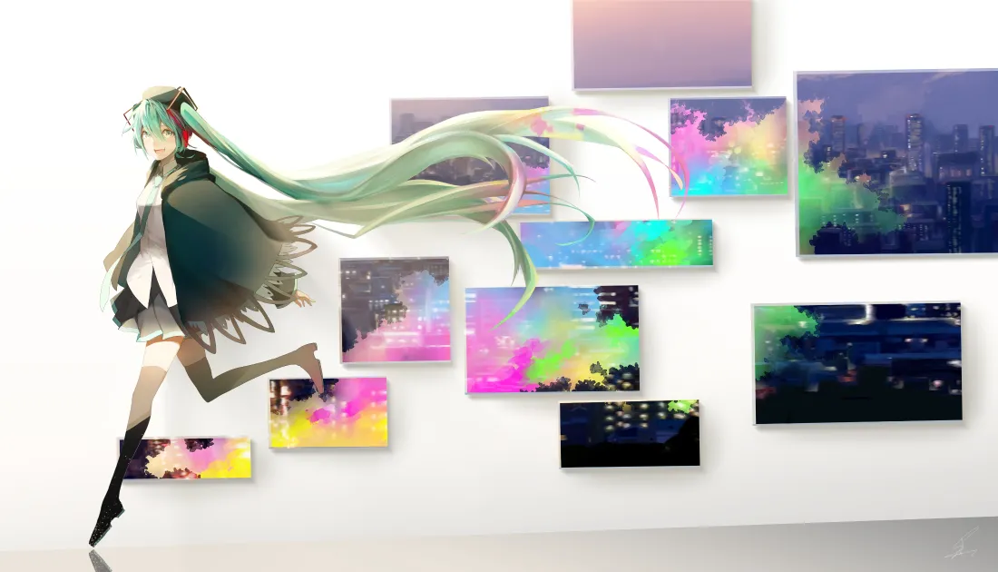 4k初音未来壁纸｜白墙画框背景图片 - 奔跑绿发少女「哲风壁纸」