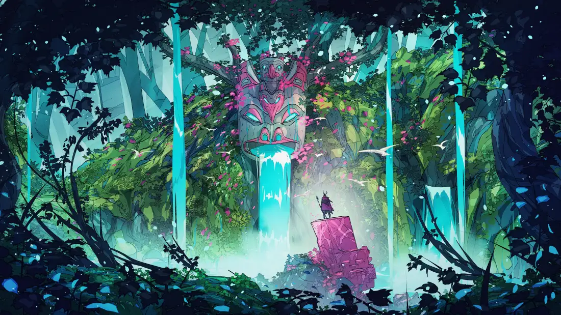 4k奇幻秘境壁纸｜二次元森林瀑布背景图片 - 发光治愈场景「哲风壁纸」