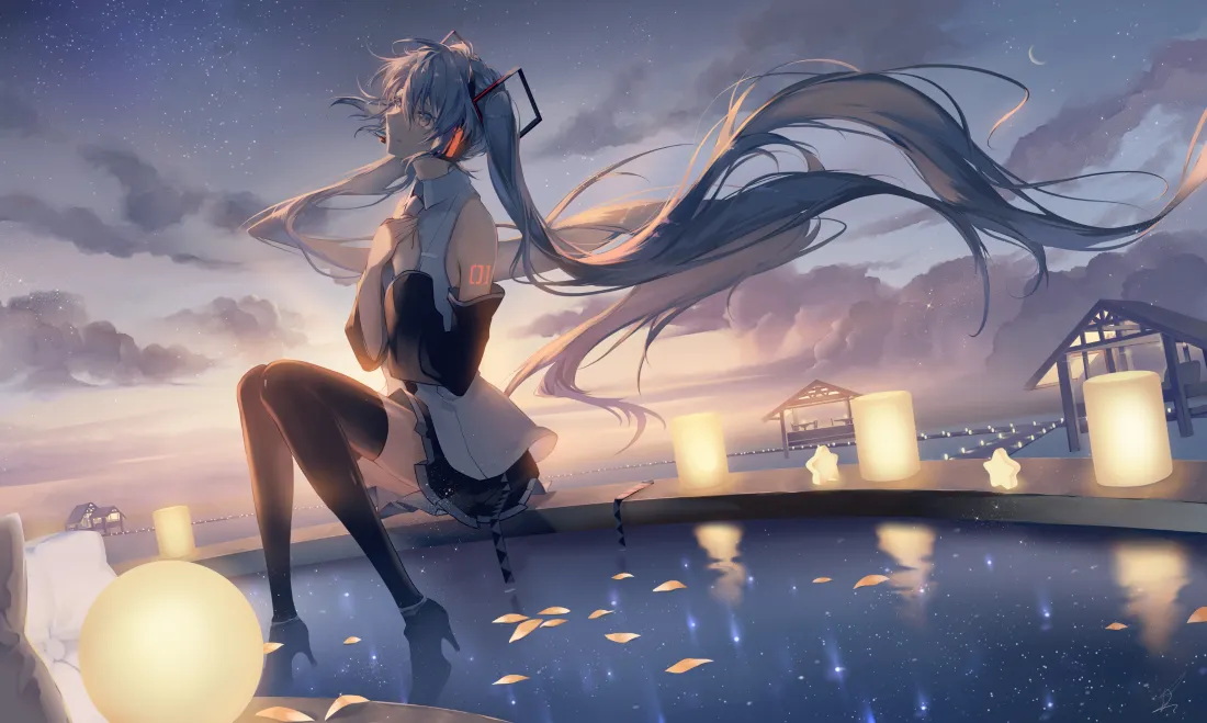 3k初音未来壁纸｜黄昏水畔背景图片 - 二次元动漫少女「哲风壁纸」