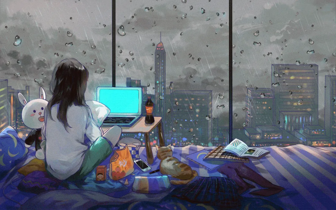 4k二次元少女壁纸｜雨天居家窗边背景图片 - 城市景观「哲风壁纸」