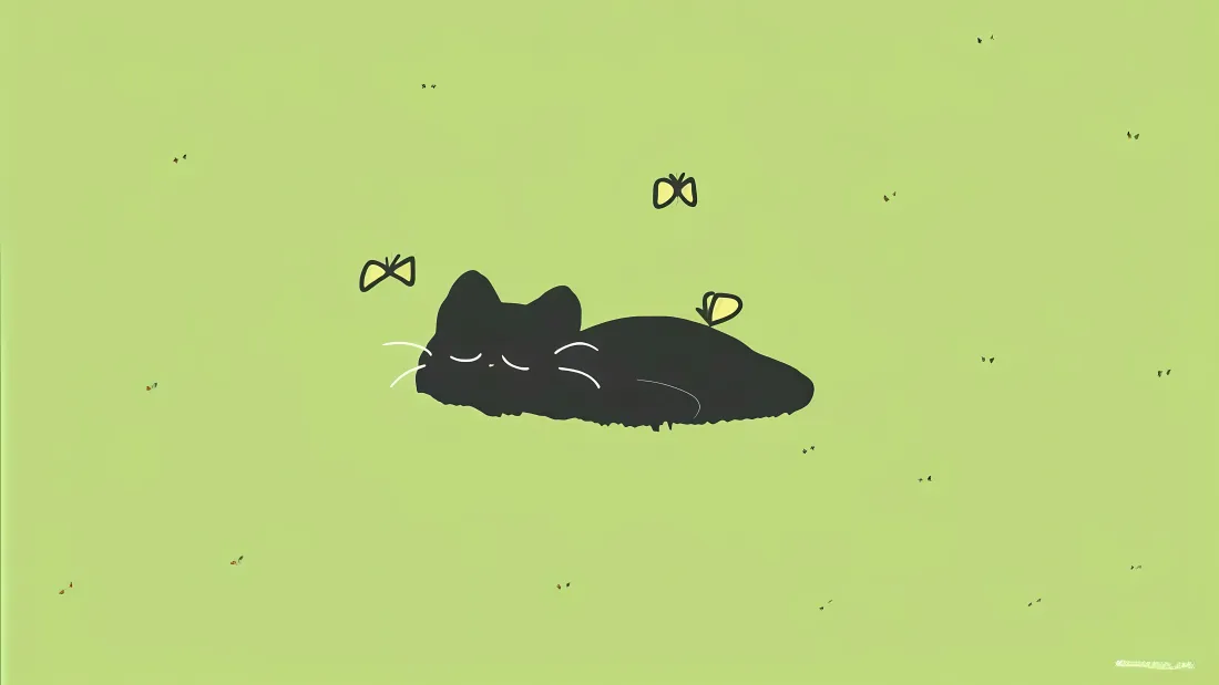 5k可爱卡通黑猫壁纸｜清新绿色背景图片 - 慵懒蝴蝶相伴「哲风壁纸」