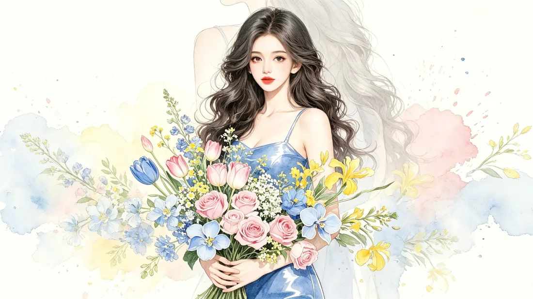 3k卷发漫画美女壁纸｜花束水彩背景图片 - 清新手绘「哲风壁纸」