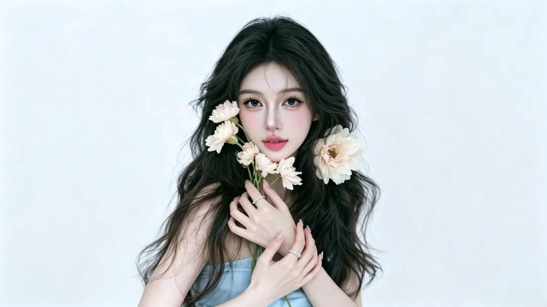 3k清纯美女壁纸｜淡蓝背景图片 - 白花氛围感写真「哲风壁纸」