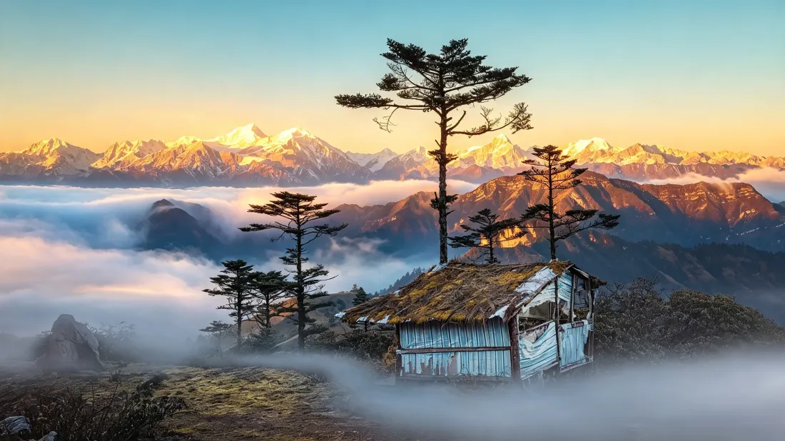 3k高山云海壁纸｜山间小屋背景图片 - 日照金山晨景「哲风壁纸」