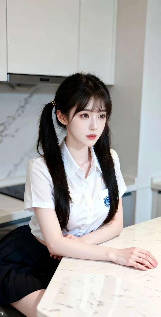 双马尾校服女生手机壁纸｜居家厨房背景图片 - 甜美清纯人像「哲风壁纸」