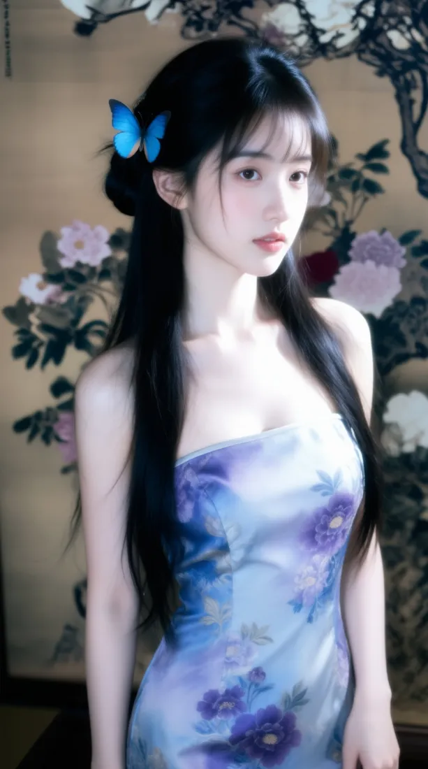 国风旗袍少女手机壁纸｜古风花卉背景图片 - 蓝蝴蝶发饰「哲风壁纸」