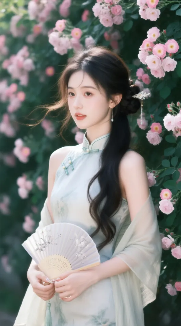 国风旗袍气质美女手机壁纸｜蔷薇花墙背景图片 - 清新温婉「哲风壁纸」