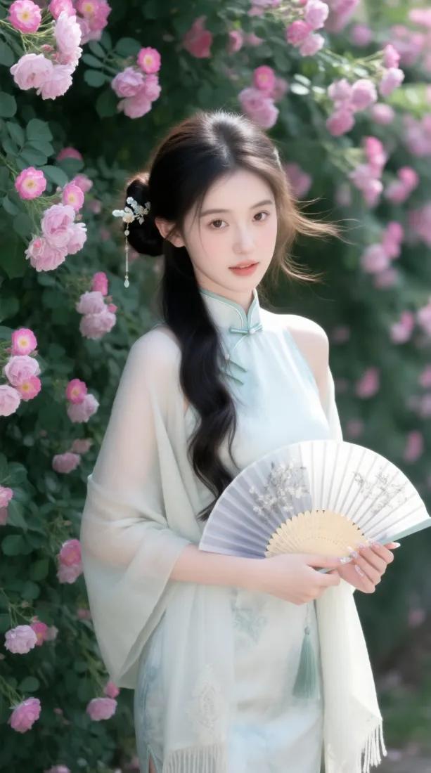 国风少女手机壁纸｜蔷薇花墙背景图片 - 淡绿旗袍手持折扇「哲风壁纸」