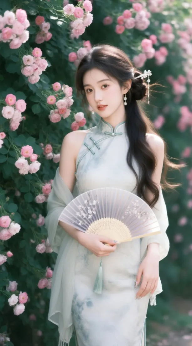 旗袍美女手机壁纸｜蔷薇花丛背景图片 - 国风氛围感写真「哲风壁纸」