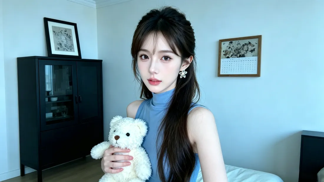 3k蓝衣长发美女壁纸｜居家背景图片 - 抱小熊氛围感写真「哲风壁纸」