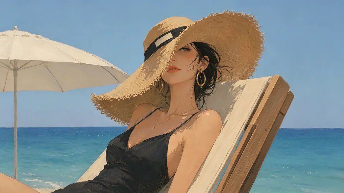 3k海边草帽美女壁纸｜海洋蓝天背景图片 - 夏日休闲插画「哲风壁纸」