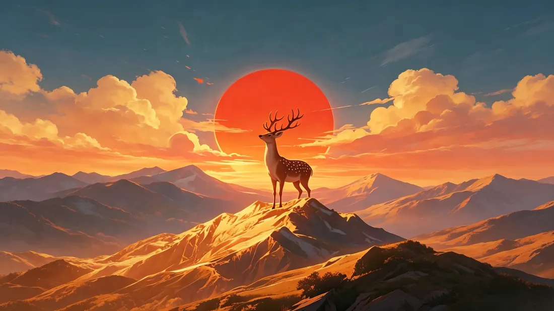 3k山巅麋鹿壁纸｜落日云海层叠群山背景图片 - 治愈插画「哲风壁纸」