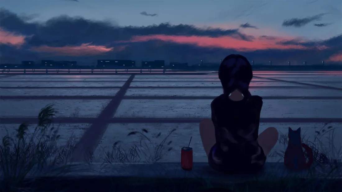 5k二次元少女壁纸｜黄昏田野背景图片 - 猫咪陪伴「哲风壁纸」