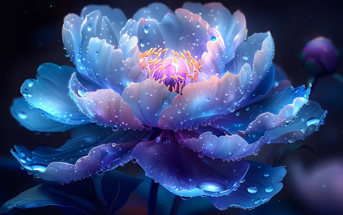2k蓝紫发光牡丹壁纸｜梦幻花卉背景图片 - 闪粉水珠「哲风壁纸」