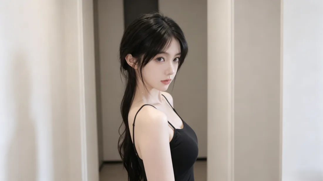 3k黑吊带美女壁纸｜室内走廊背景图片 - 长发氛围感写真「哲风壁纸」