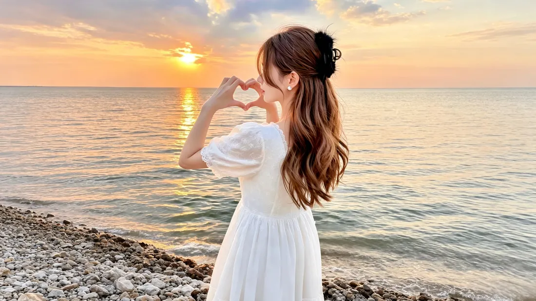 3k海边白裙少女壁纸｜日落海滨背景图片 - 温柔氛围感「哲风壁纸」