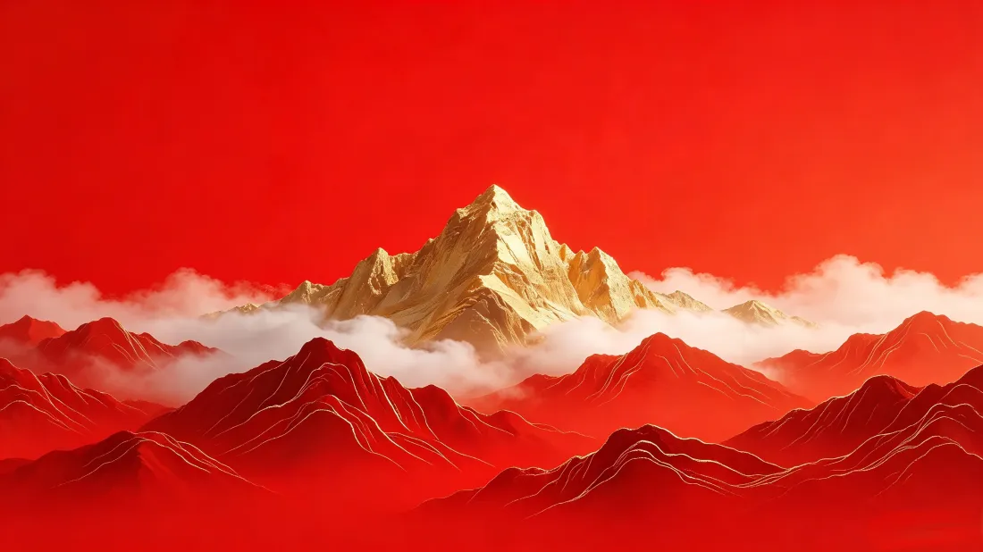 3k金色山脉壁纸｜红色喜庆背景图片 - 云海国风风景「哲风壁纸」
