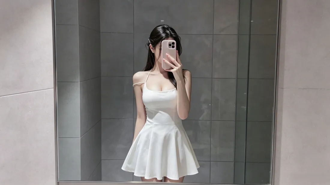 3k白色吊带裙美女壁纸｜对镜自拍背景图片 - 好看时尚穿搭「哲风壁纸」