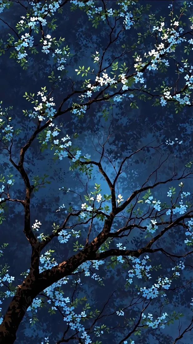 夜白花树手机壁纸｜深蓝色夜空背景图片 - 清新自然风景「哲风壁纸」