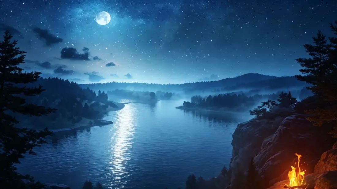 3k月夜湖景壁纸｜山川森林背景图片 - 篝火治愈夜景「哲风壁纸」