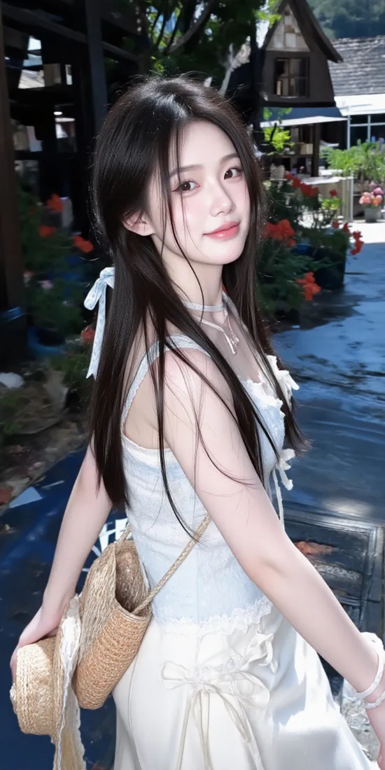 白裙长发少女手机壁纸｜夏日小镇街景背景图片 - 清新出行穿搭「哲风壁纸」