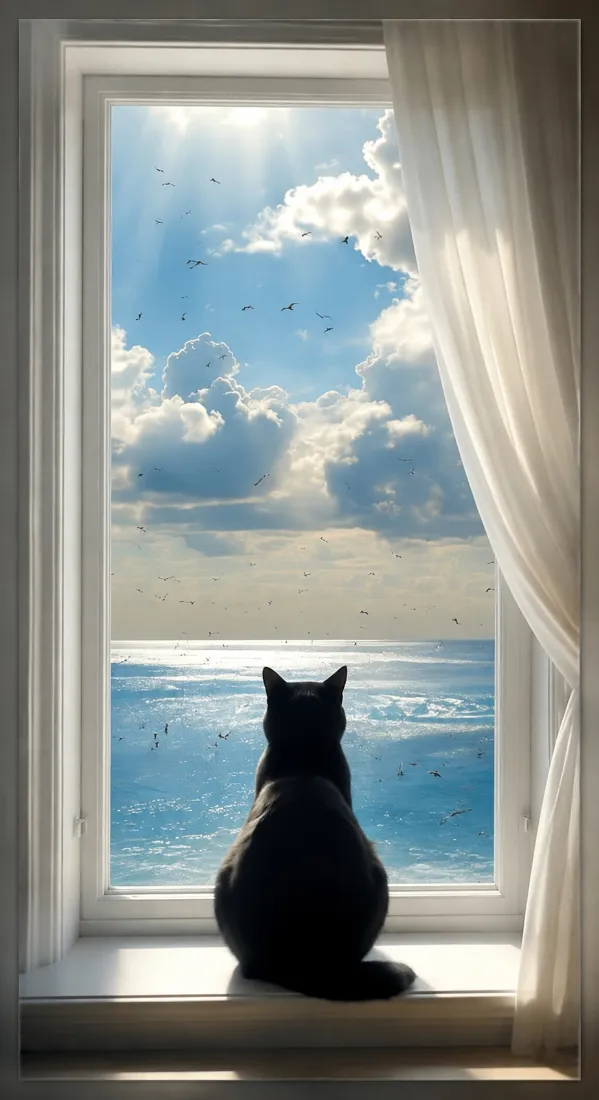 黑猫手机壁纸｜海景窗台背景图片 - 阳光治愈静谧氛围「哲风壁纸」