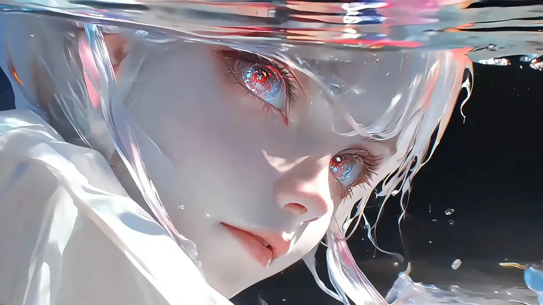 4k银发红瞳少女壁纸｜水下特写背景图片 - 二次元插画「哲风壁纸」