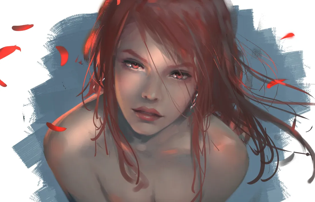 4k鬼刀云娜壁纸｜红发花瓣背景图片 - WLOP原创插画「哲风壁纸」