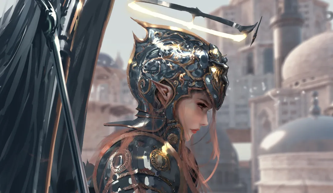 4k鬼刀女武神壁纸｜盔甲精灵耳欧式建筑背景图片 - WLOP插画「哲风壁纸」