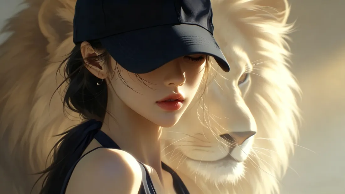 3k女孩与白狮子壁纸｜手绘创作背景图片 - 酷飒氛围感「哲风壁纸」