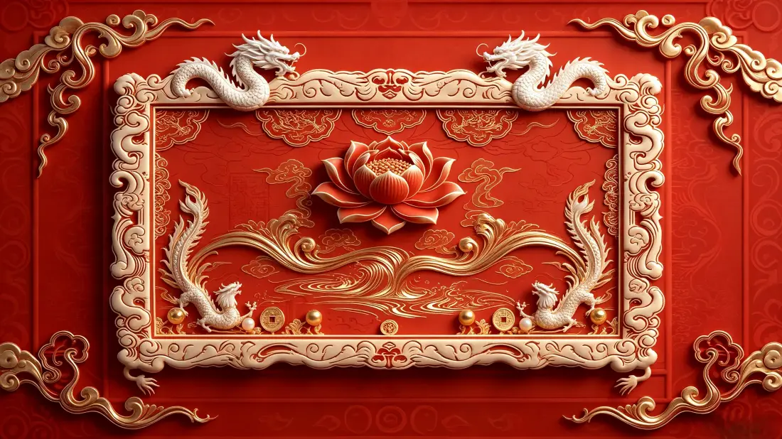 3k龙纹荷花浮雕壁纸｜红底国风背景图片 - 传统喜庆装饰「哲风壁纸」