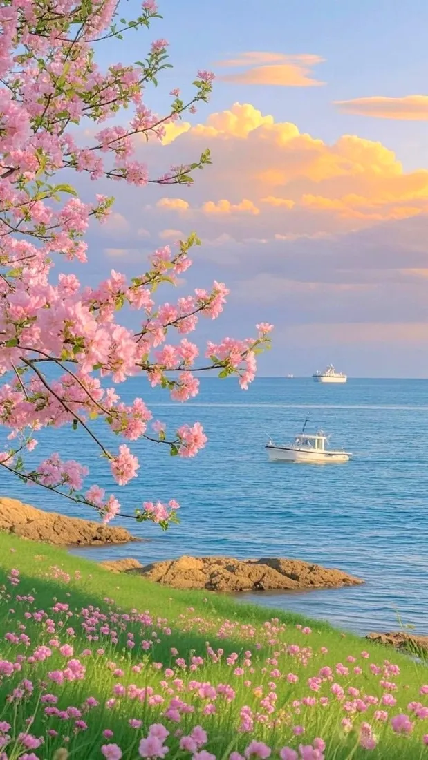 海边樱花手机壁纸｜礁石海岸背景图片 - 日系治愈大海小船风景「哲风壁纸」