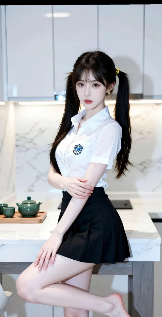 动漫双马尾少女手机壁纸｜现代厨房背景图片 - JK制服穿搭「哲风壁纸」