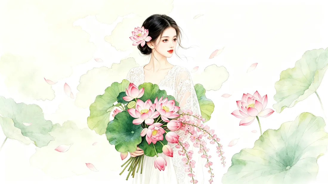 3k古风美女壁纸｜荷花荷叶背景图片 - 清新水彩插画「哲风壁纸」