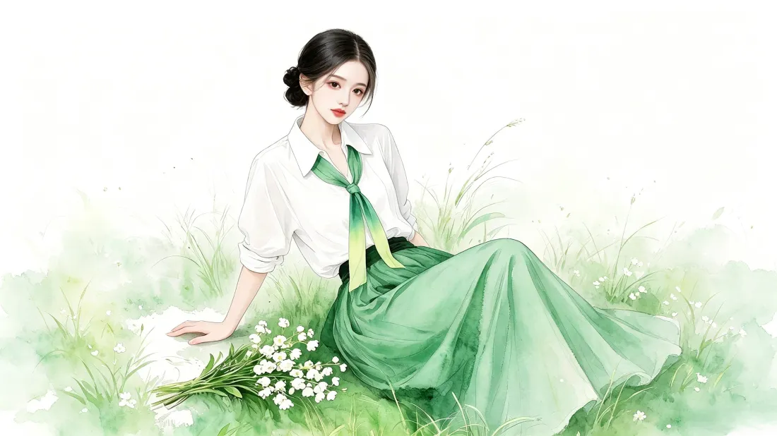 3k清新手绘美女壁纸｜青草地白花背景图片 - 治愈森系插画「哲风壁纸」