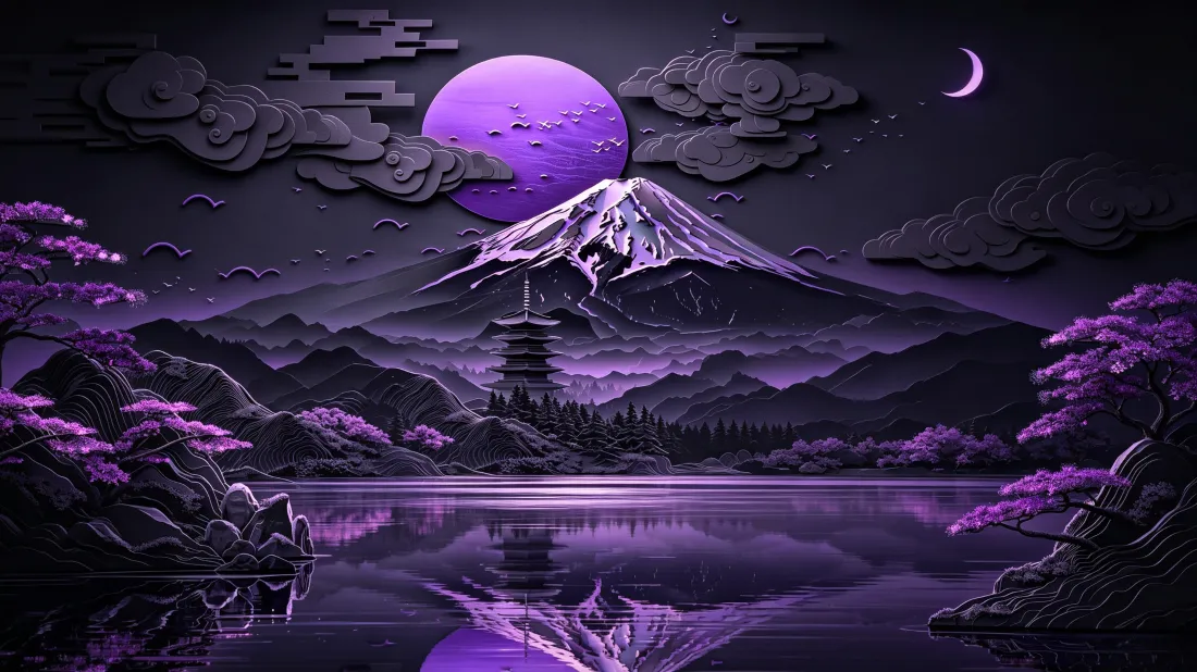 3k富士山壁纸｜紫月日式风景背景图片 - 静谧氛围感「哲风壁纸」
