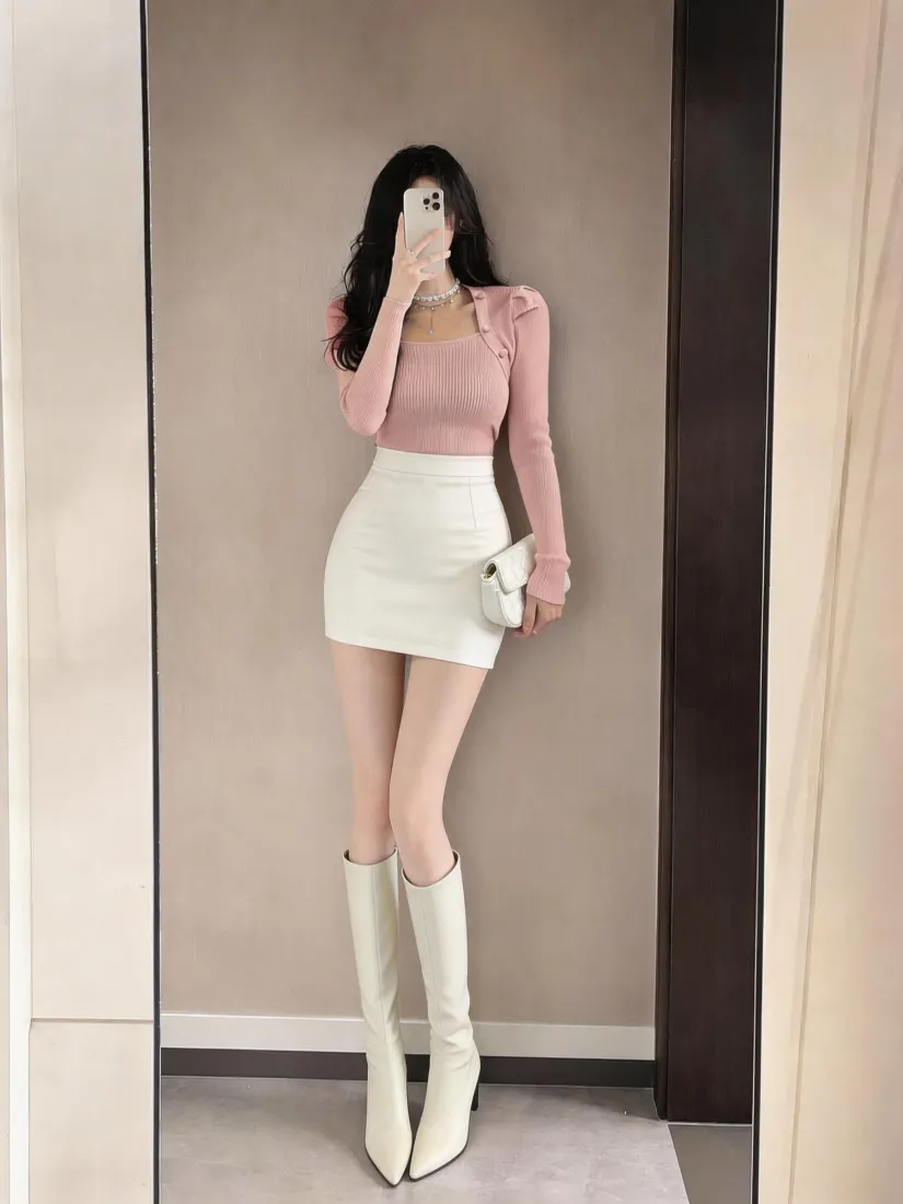 气质美女手机壁纸｜粉衣白裙穿搭背景图片 - 对镜自拍「哲风壁纸」