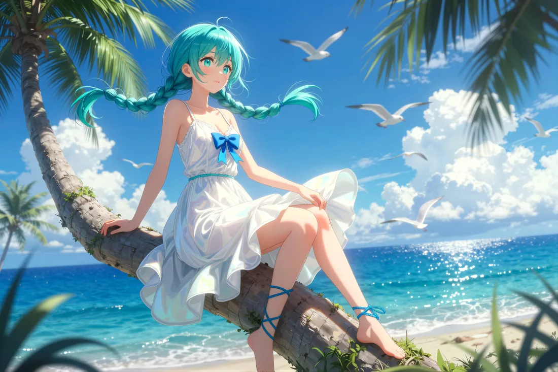 5k初音未来壁纸｜海边椰树背景图片 - 白裙清新少女「哲风壁纸」