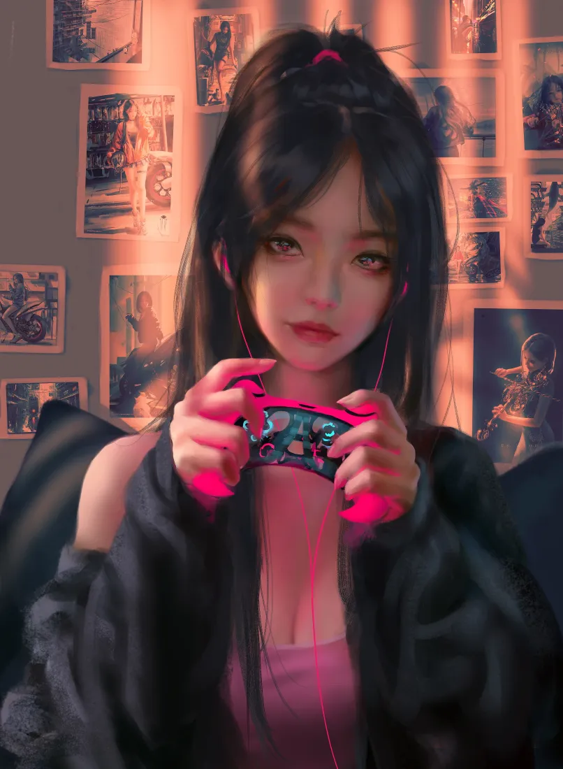 鬼刀小绿手机壁纸｜暖光室内背景图片 - WLOP手绘插画「哲风壁纸」