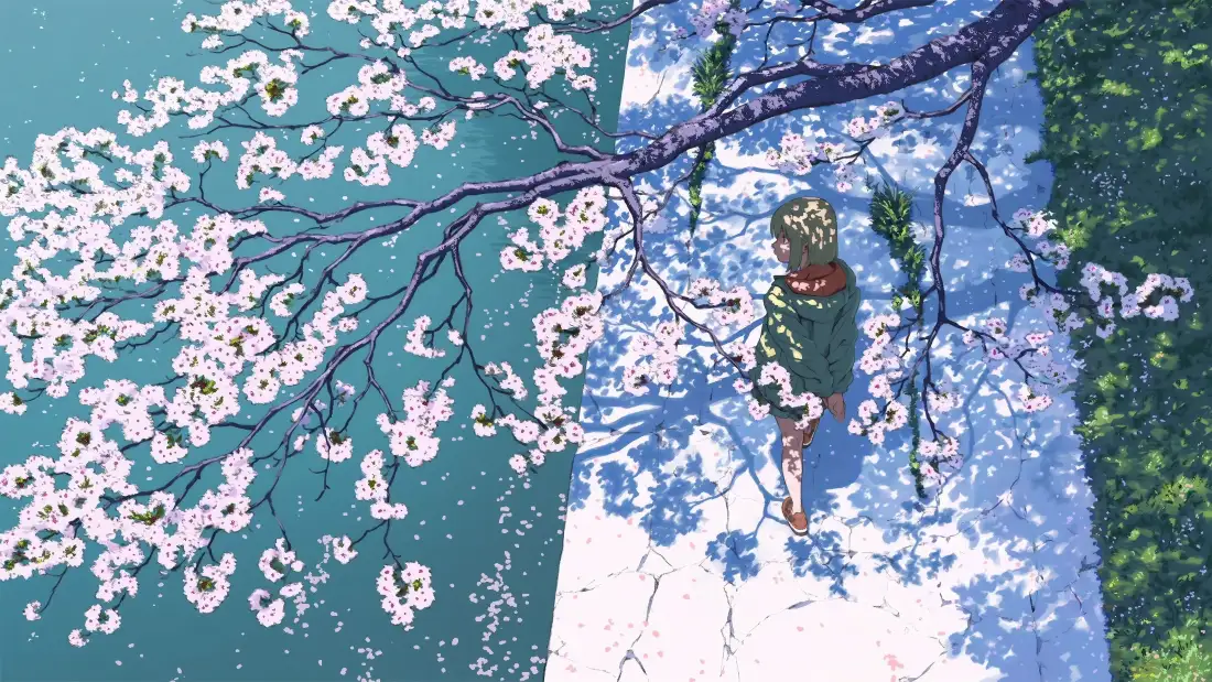 4k春日樱花壁纸｜少女漫步小路背景图片 - 树影水面风光「哲风壁纸」