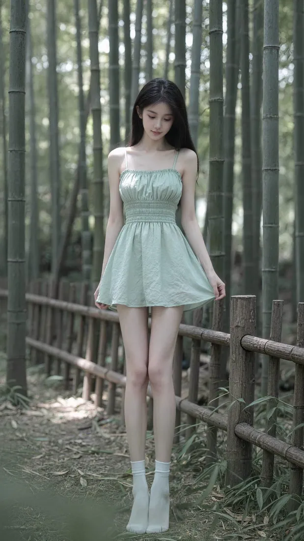 淡绿吊带裙美女手机壁纸｜竹林小径背景图片 - 清新氛围感「哲风壁纸」