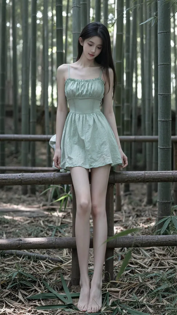 美女手机壁纸｜竹林户外背景图片 - 浅绿抹胸裙少女写真「哲风壁纸」