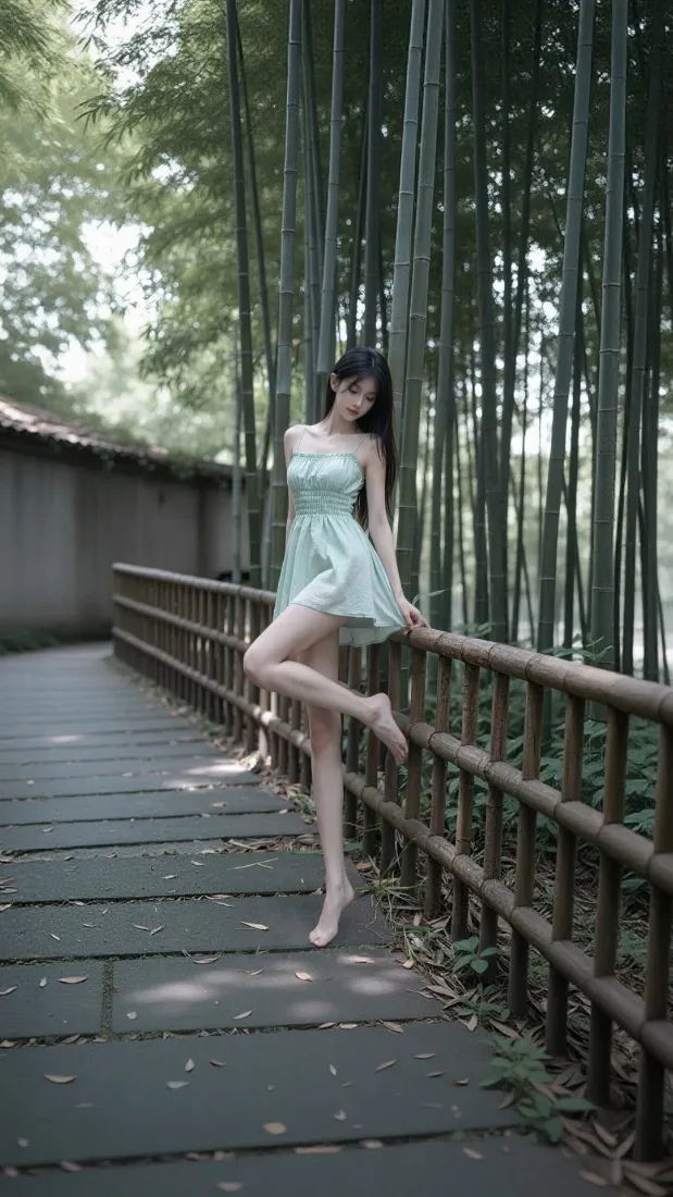 竹林少女手机壁纸｜浅绿色吊带裙背景图片 - 户外栈道「哲风壁纸」