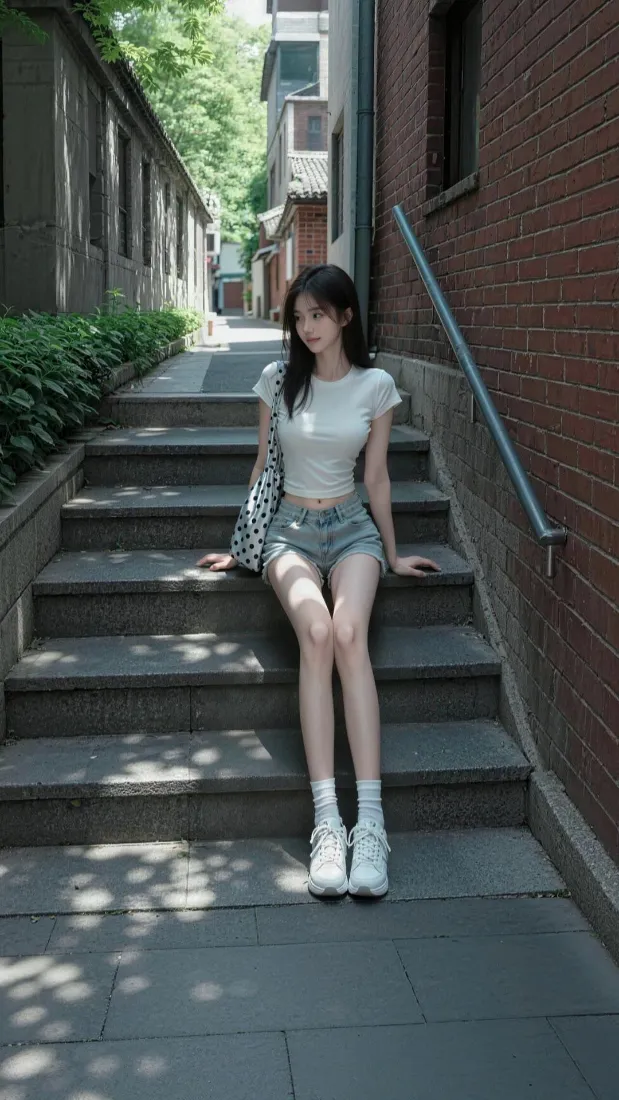 美女手机壁纸｜老巷石阶背景图片 - 夏日清新街拍「哲风壁纸」